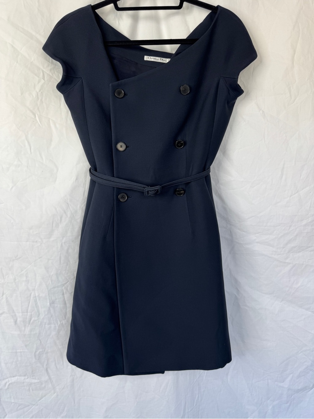 Dior RARE $5K Wool & Silk Navy Double-Breasted Off Shoulder Belted Mini Dress